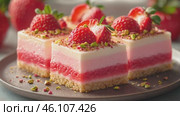 Footage with tasty layered strawberry and cream fudge cake topped with crushed pistachios. Стоковое AI-видео, аниматор Ирина Михайличенко / Фотобанк Лори