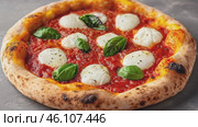 Top view footage of italian pizza with tomato sauce, dry and spicy salsiccia, mozzarella, basil leaves, olive oil, appetizing. Italian cuisine and gastronomic tour concept. Culinary video blog. Стоковое AI-видео, аниматор Ирина Михайличенко / Фотобанк Лори