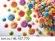 Colorful dragee candies in the assortment on a white background. Various sweets, confectionery and dragees of different shapes and colors. Bright rainbow hues. Стоковое AI-изображение, AI-художник Photojuli / Фотобанк Лори