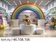 Beautiful colorful showcase of a children's store with a rainbow and a teddy bear. The concept of shopping and shopping for children's goods. Стоковое AI-изображение, AI-художник Photojuli / Фотобанк Лори