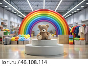 Beautiful colorful showcase of a children's store with a rainbow and a teddy bear. The concept of shopping and shopping for children's goods. Стоковое AI-изображение, AI-художник Photojuli / Фотобанк Лори