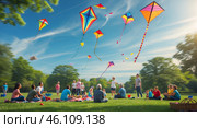 Families and friends gather in a park to enjoy a day of kite flying and picnicking amidst clear blue skies in spring. Стоковое AI-изображение, AI-художник Сергей Толмачёв / Фотобанк Лори