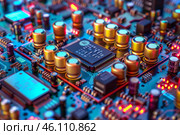 Electronic circuit board showing components, resistors, and capacitors. Стоковое AI-изображение, AI-художник Иван Рябоконь / Фотобанк Лори
