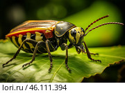 Colorful tropical beetle resting on a vibrant green leaf. Стоковое AI-изображение, AI-художник Иван Рябоконь / Фотобанк Лори