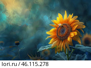 Honey bee pollinating sunflower in magical garden. Стоковое AI-изображение, AI-художник Иван Рябоконь / Фотобанк Лори