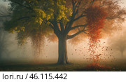 Mysterious autumn landscape with a tree shedding leaves in a tranquil morning fog. Стоковое AI-изображение, AI-художник Сергей Толмачёв / Фотобанк Лори
