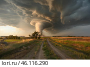 Large supercell tornado forming over rural fields at sunset. Стоковое AI-изображение, AI-художник Иван Рябоконь / Фотобанк Лори