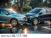 Cars get into accidents, accidents on the road. Damaged, crashed cars on the highway. The concept of car insurance. Стоковое AI-изображение, AI-художник Photojuli / Фотобанк Лори