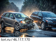 Cars get into accidents, accidents on the road. Damaged, crashed cars on the highway. The concept of car insurance. Стоковое AI-изображение, AI-художник Photojuli / Фотобанк Лори