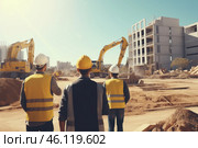 Construction site bustling with activity as excavators work under a clear blue sky on a bright sunny day. Стоковое AI-изображение, AI-художник Sergey Grishin / Фотобанк Лори
