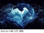 A beautiful, intricate backdrop of abstract waves, blue shapes, and a splash of illumination. Perfect for expressing love, care, and a positive feeling in any kind of social network. Generative AI. Стоковое AI-изображение, AI-художник Андрей Степанов / Фотобанк Лори