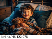A cute boy hugs a teddy bear, sitting in a cozy bed, a small child hugs a toy and gets ready for bed. A healthy night's sleep. Стоковое AI-изображение, AI-художник Photojuli / Фотобанк Лори