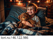 A cute boy hugs a teddy bear, sitting in a cozy bed, a small child hugs a toy and gets ready for bed. A healthy night's sleep. Стоковое AI-изображение, AI-художник Photojuli / Фотобанк Лори