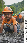 Young constructor playing with asphalt on a construction site. Стоковое AI-видео, аниматор Юрий Поздников / Фотобанк Лори