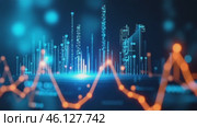 Blue and orange graph with a city skyline in the background. Стоковое AI-видео, аниматор Sergey Grishin / Фотобанк Лори