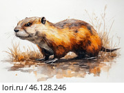 Watercolor illustration of a marmot (or beaver, nutria), done in a realistic style. The animal is depicted in its natural habitat, among dry grass and near water, with soft brown and reddish shades of fur. Light watercolor strokes convey the texture of the fur, creating a feeling of naturalness and harmony with the surrounding space. His gaze is focused and slightly wary, as if he is studying the world around him. Стоковое AI-изображение, AI-художник Анна Кривицкая / Фотобанк Лори