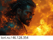 A dark-skinned man with a deep, penetrating gaze and a serious expression. His face is illuminated by orange-yellow flames, giving the impression that he is either emerging from the fire or is part of it. His hair is braided and his clothes look thick and durable, as if intended for battle. The background is made in fiery shades, which adds drama and an epic mood to the picture. Стоковое AI-изображение, AI-художник Анна Кривицкая / Фотобанк Лори