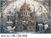 A fantastic architectural composition reminiscent of Russian cathedrals with elements of Baroque and Gothic. The center of the painting is occupied by a majestic temple with numerous domes, towers and carved details, surrounded by snow-covered buildings and ornate patterns. Mystical birds soar in the sky, creating a sense of magic. The atmosphere of the work combines elements of mythology, architectural art and fantasy surrealism, with a predominance of warm brown-gray and cold blue shades. Стоковое AI-изображение, AI-художник Анна Кривицкая / Фотобанк Лори