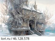 A mysterious gothic mansion shrouded in intertwined tree-like structures reminiscent of a fairytale forest or a nightmare entity. The house features ancient architecture, high roofs, pointed turrets, and a Victorian style.The trees that cover the mansion look alive and mystical, their branches intertwining into twisting roots, covering the walls and stairs. The front door is slightly open, creating a sense of mystery and inviting you inside a dark world.The surrounding area is covered in snow, giving the landscape an icy and gloomy atmosphere. In the distance, other buildings can be seen, slightly covered in fog, adding to the sense of mystery. Стоковое AI-изображение, AI-художник Анна Кривицкая / Фотобанк Лори