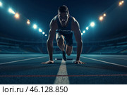 Athlete preparing for a sprint at a well-lit track during evening hours in a competitive stadium setting. Стоковое AI-изображение, AI-художник Sergey Grishin / Фотобанк Лори