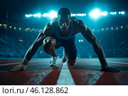 Athlete prepares for sprint on track at night with stadium lights illuminating the scene. Стоковое AI-изображение, AI-художник Sergey Grishin / Фотобанк Лори