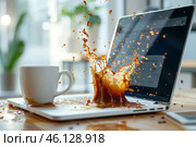 Coffee spills dramatically on an open laptop, causing a splash on a wooden table in a cozy workspace during daylight hours. Стоковое AI-изображение, AI-художник Sergey Grishin / Фотобанк Лори