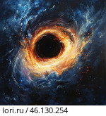 Mesmerizing depiction of a black hole in the cosmos, surrounded by vibrant colors and swirling patterns, illustrating the immense gravitational pull and energy of this astronomical phenomenon. Стоковое AI-изображение, AI-художник Ольга Ильина / Фотобанк Лори