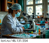Медицинский работник за микроскопом. Стоковое AI-изображение, AI-художник Руслан Лесков / Фотобанк Лори