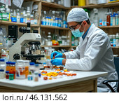 Медицинский работник за микроскопом. Стоковое AI-изображение, AI-художник Руслан Лесков / Фотобанк Лори