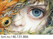 A fantasy watercolor painting filled with deep symbolism. It shows the face of a young person or creature with a striking blue eye, surrounded by an intricate interweaving of natural elements. Hair, leaves, seaweed and feathers merge together, creating the effect of merging with nature. On the left side of the image, a mysterious element is noticeable, reminiscent of the eye of an exotic creature or a pattern on a feather, which adds to the mystique of the painting. The color palette combines soft aquatic shades of blue and green with warm orange-gold accents, creating a harmonious balance. The image conveys a sense of mystery, oneness with nature and a deep inner world. Стоковое AI-изображение, AI-художник Анна Кривицкая / Фотобанк Лори