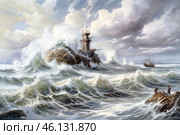 A dramatic seascape in the style of classical painting, depicting a raging ocean and a majestic lighthouse perched on a rocky outcrop. Huge white-capped waves crash against the rocks, creating a sense of the power of nature. The sky is filled with dramatic clouds, which highlight the dynamics of the storm. In the distance, a sailing vessel can be seen struggling against the fury of the elements, and in the foreground, several people watch the action, perhaps sailors escaping from a shipwreck. The painting conveys the spirit of adventure, survival, and man's struggle against the elements. Стоковое AI-изображение, AI-художник Анна Кривицкая / Фотобанк Лори