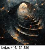 Deep symbolism of the path, transformation and exit from darkness to light. In the center of the composition is a massive spiral staircase, going to infinity, reminiscent of a tunnel or a funnel. Its surface is covered with dark cracks and golden flashes, which creates the effect of a fiery texture or even a collapsing space.At the top of the stairs is a lonely figure of a man moving towards the light, which can be interpreted as a symbol of hope, transition to a new reality or spiritual ascension. The deep contrast between darkness and radiance makes the image somber, philosophical and mesmerizing, reminiscent of the concept of an otherworldly journey or an exit from hell. Стоковое AI-изображение, AI-художник Анна Кривицкая / Фотобанк Лори
