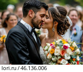 Жених и невеста целуются. Молодожены со свадебным букетом. Стоковое AI-изображение, AI-художник Руслан Лесков / Фотобанк Лори