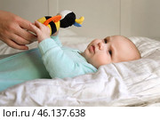 Cute Newborn Baby Lying on the Back and Plays with Colorful Toys. Little Three Month Child Takes a Toy. Portrait of Playful Neonate Toddler. Concept of Childhood, New Life, Baby Care. Top View. Стоковое фото, фотограф Марина Демидюк / Фотобанк Лори