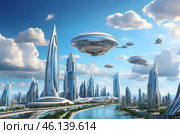 A city of the future with a beautiful sky with clouds.Large high-rise buildings. Flying ships for interplanetary travel. Стоковое AI-изображение, AI-художник Александр Поташев / Фотобанк Лори