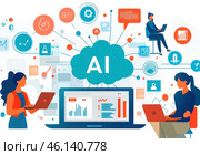 Две женщины работают за портативным компьютером. Стоковое AI-изображение, AI-художник Ярославский Максим / Фотобанк Лори
