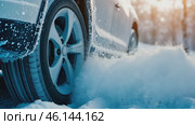 Icy car. Ice-covered vehicle. Frozen Auto Covering by Snow. Vehicle during Snowstorm. Hazardous Winter Road Driving. Cold Season. Corrosion, Rust. Close-up of tires. Trail of tread marks in thick snow. Стоковое AI-видео, аниматор Марина Демидюк / Фотобанк Лори