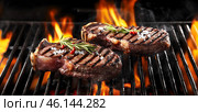 Grilled meat on grill. Coals are on fire. For barbecue parties. AI illustration. Top view. Стоковое AI-изображение, AI-художник Катерина Ковалева / Фотобанк Лори