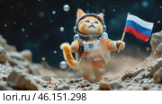 Кот-космонавт с российским флагом. Стоковое AI-видео, аниматор Виктория Кольцова / Фотобанк Лори