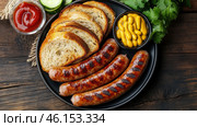 A delicious dish of grilled sausages served with toasted bread slices, mustard and ketchup. The sausages have a crispy crust with characteristic grill stripes, and the bread looks crispy and golden. The garnish is complemented by fresh cucumber slices and herbs, which makes the dish even more attractive. All this is served on a black plate, which stands on a wooden table.The dish has a traditional European style of serving, typical of German, Czech or Eastern European cuisine, which makes it ideal for picnics, barbecues or a cozy home dinner. Стоковое AI-изображение, AI-художник Анна Кривицкая / Фотобанк Лори
