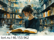 A young woman with dark, slightly disheveled hair, sitting at a table in a library. In front of her is an open book, the pages of which seem to glow with a soft golden light. Her gaze is lowered, her expression thoughtful and focused. Around her rise tall shelves filled with books, creating an atmosphere of silence and solitude. The illustration is done in a watercolor style with soft, washed-out shades of blue, gray and gold. Стоковое AI-изображение, AI-художник Анна Кривицкая / Фотобанк Лори