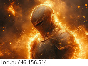 A knight in armor, completely engulfed in flames. His metal helmet with a narrow slit for his eyes creates an effect of mystery and emotionlessness. Flames envelop his figure, sparks fly to the sides, creating a sense of unbridled strength and power. The background is darkened, which enhances the contrast between the burning knight and the surrounding space. The visual style is reminiscent of an epic fantasy or dark mythological story, in which this character can be a guardian, a warrior, or a spirit of vengeance. Стоковое AI-изображение, AI-художник Анна Кривицкая / Фотобанк Лори