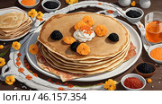 Russian traditions. Russian holiday Maslenitsa. Still life with a stack of pancakes and black caviar. Стоковое AI-изображение, AI-художник Photojuli / Фотобанк Лори