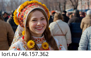 A banner for the Carnival holiday with space to copy. A girl in a traditional costume in close-up at Russian festivities. Стоковое AI-изображение, AI-художник Photojuli / Фотобанк Лори