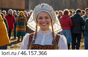 A banner for the Carnival holiday with space to copy. A girl in a traditional costume in close-up at Russian festivities. Стоковое AI-изображение, AI-художник Photojuli / Фотобанк Лори