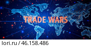 Illustration of trade wars with highlighted world map in blue and red, representing economic conflicts, geopolitical disputes, and international trade tensions affecting global commerce. Стоковое AI-изображение, AI-художник Павел Муравьев / Фотобанк Лори