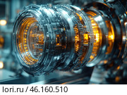 A complex, futuristic structure resembling a high-tech mechanical device or part of a quantum supercomputer. A close-up shows metal rings with intricate patterns, microcircuits, and cybernetic details. Bright golden lights glow within the structure, creating a sense of energy and power, perhaps hinting at an annihilator or high-tech generator. The atmosphere of the scene conveys a sense of science fiction, space technology, or advanced research in energy and computing. Стоковое AI-изображение, AI-художник Анна Кривицкая / Фотобанк Лори