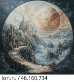 A fantasy world with majestic gothic buildings reaching into the clouds. A path leads along a ruined stone path to a huge majestic portal surrounded by mystical spires. A giant planet or moon with a cracked surface hangs in the sky, surrounded by billowing clouds. In the distance, you can see mountain peaks, as if floating in the air. The painting is done in dark, cold tones, creating an atmosphere of mysticism and majestic loneliness. This image is reminiscent of scenes from fantasy worlds like the worlds of Tolkien or dark fantasy. Стоковое AI-изображение, AI-художник Анна Кривицкая / Фотобанк Лори