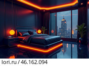 Retrofuturism interior of the building, free space bedroom. AI Generative. Стоковое AI-изображение, AI-художник Spirit River / Фотобанк Лори