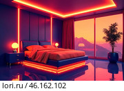 Retrofuturism interior of the building, free space bedroom. AI Generative. Стоковое AI-изображение, AI-художник Spirit River / Фотобанк Лори